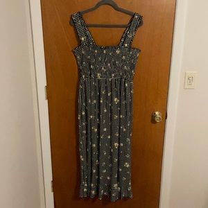 Black shirred gingham midi dress